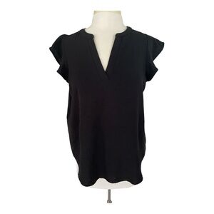 Adrianna Papell Black Ruffle Sleeve Popover V-Neck Blouse | Elegant Short Sleeve